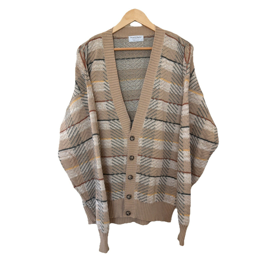 Tricots St. Raphael Men Cardigan Sweater Large Brown Plaid Button Front USA Made - Picture 9 of 9